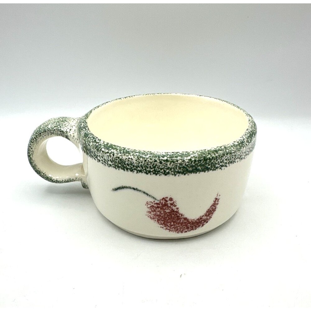 Vintage 1989 Flat Earth Pottery Mug Bowl Handmade Sponge Chili Pepper Design